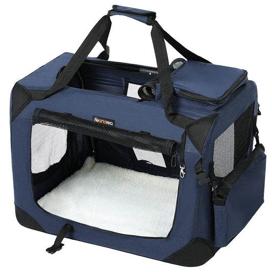 FEANDREA Dog Kennel Transport Box Folding Fabric Pet Carrier 60cm Dark Blue - DogsDomain.com.au