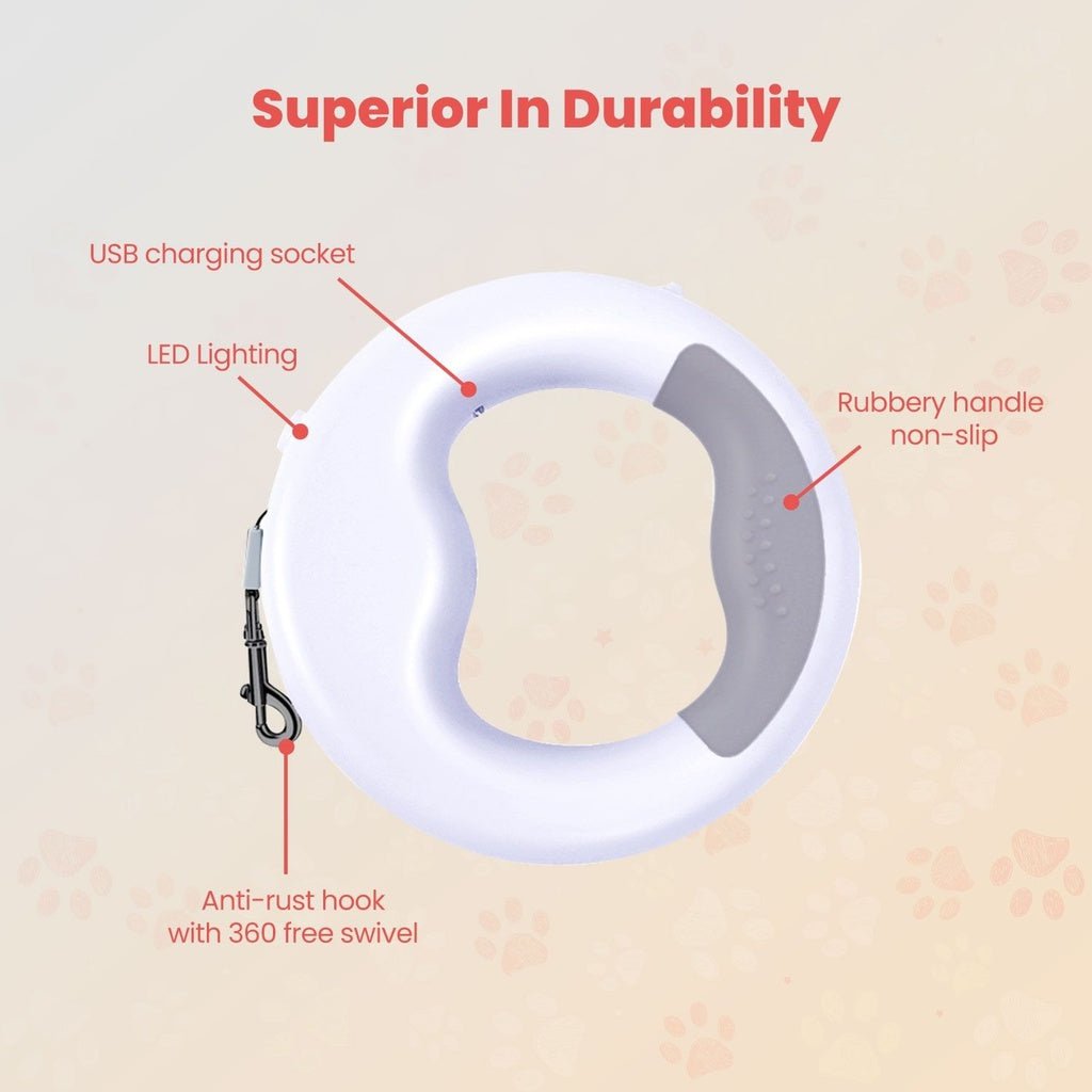 Floofi Dounght Dog Leash with USB and LED White FI-PC-124-HC - DogsDomain.com.au