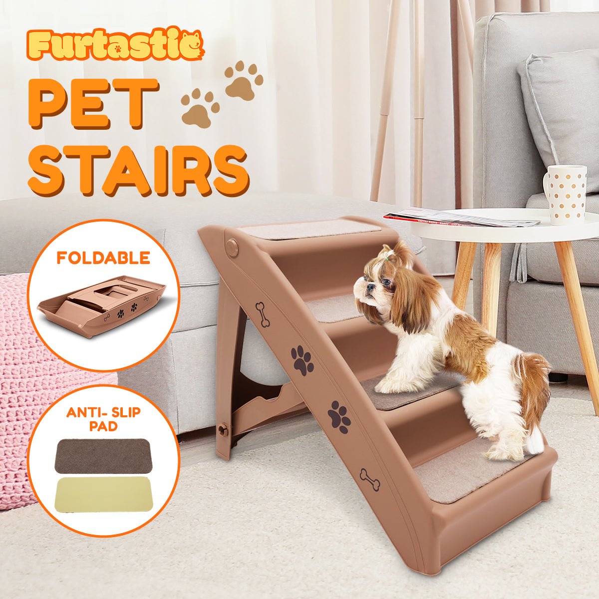 Furtastic 50cm Foldable Step Ladder Stairs - Brown - DogsDomain.com.au