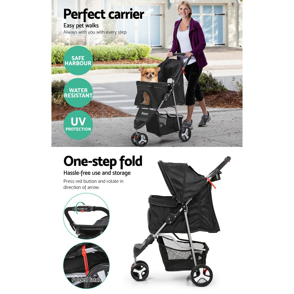 i.Pet 3 Wheel Pet Stroller - Black - DogsDomain.com.au