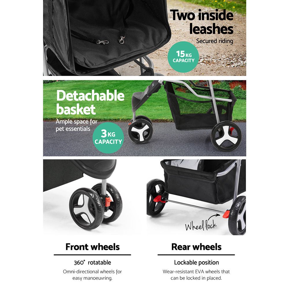 i.Pet 3 Wheel Pet Stroller - Black - DogsDomain.com.au