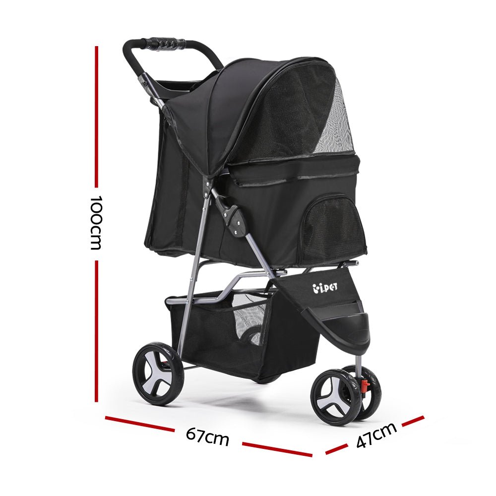 i.Pet 3 Wheel Pet Stroller - Black - DogsDomain.com.au