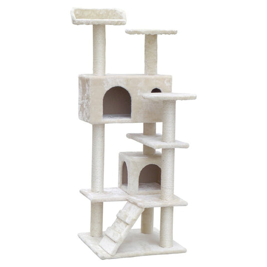i.Pet Cat Tree 134cm Trees Scratching Post Scratcher Tower Condo House Furniture Wood Beige - DogsDomain.com.au