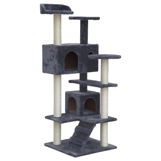 i.Pet Cat Tree 134cm Trees Scratching Post Scratcher Tower Condo House Furniture Wood Grey - DogsDomain.com.au