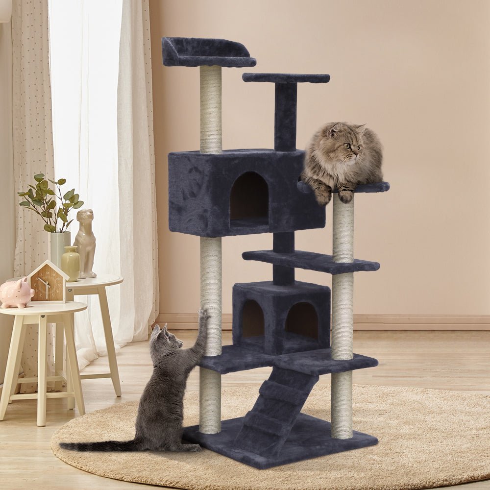 i.Pet Cat Tree 134cm Trees Scratching Post Scratcher Tower Condo House Furniture Wood Grey - DogsDomain.com.au