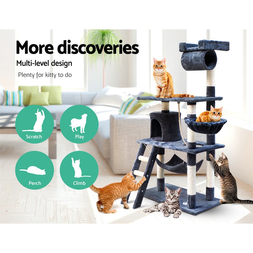 i.Pet Cat Tree 141cm Trees Scratching Post Scratcher Tower Condo House Furniture Wood - DogsDomain.com.au