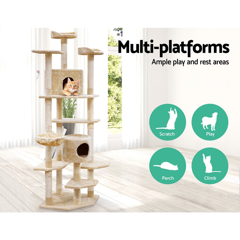 i.Pet Cat Tree 203cm Trees Scratching Post Scratcher Tower Condo House Furniture Wood Beige - DogsDomain.com.au