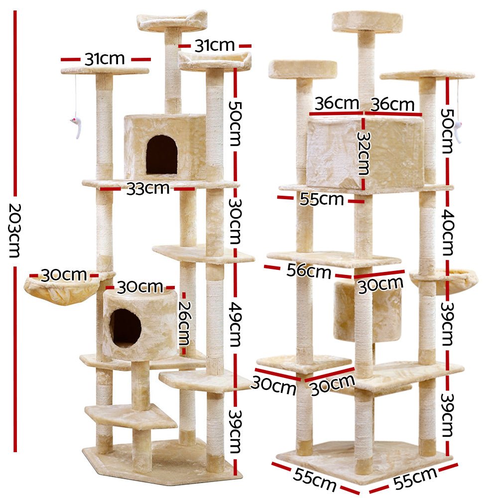 i.Pet Cat Tree 203cm Trees Scratching Post Scratcher Tower Condo House Furniture Wood Beige - DogsDomain.com.au