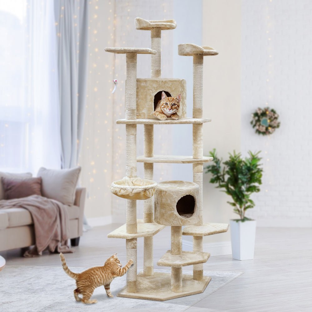 i.Pet Cat Tree 203cm Trees Scratching Post Scratcher Tower Condo House Furniture Wood Beige - DogsDomain.com.au