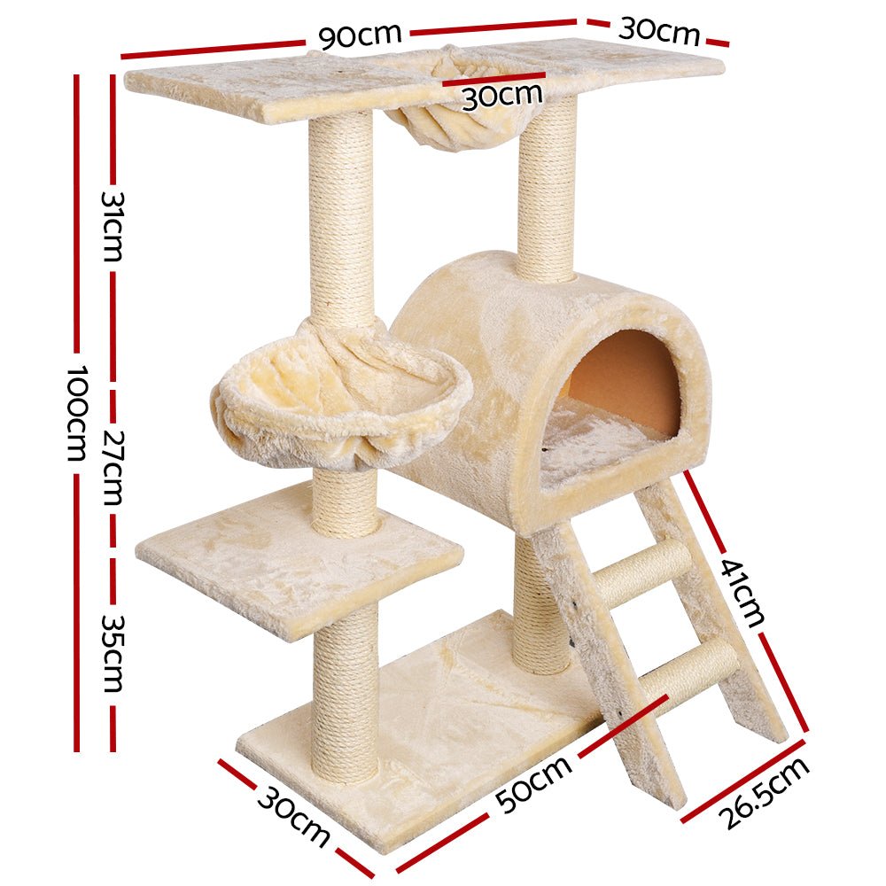 i.Pet Cat Tree Trees Scratching Post Scratcher Condo Tower House Bed Beige 100cm - DogsDomain.com.au