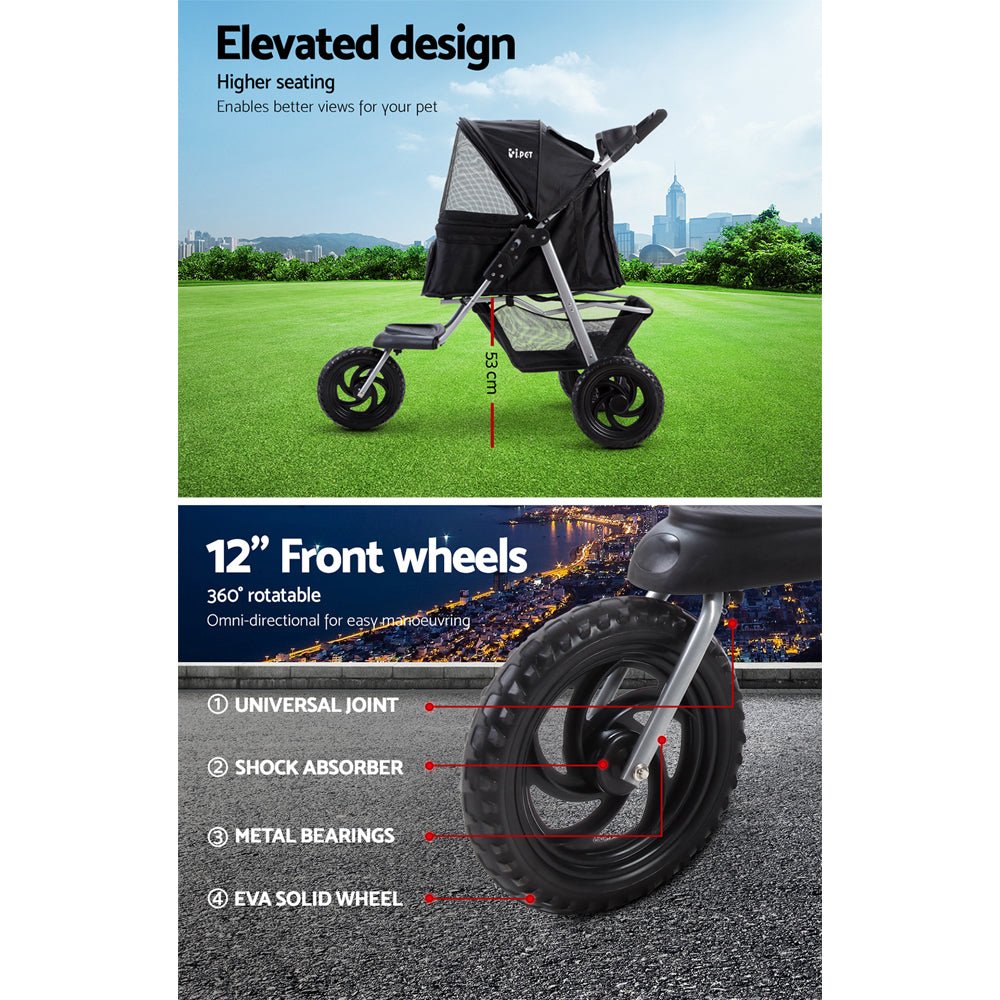 i.Pet Pet Stroller Dog Carrier Foldable Pram Large Black - DogsDomain.com.au