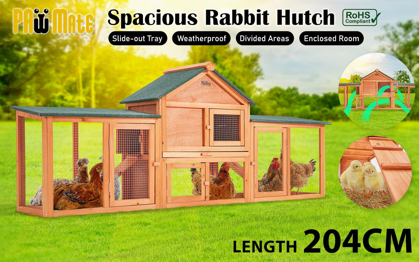Paw Mate 204 x 45 x 85cm Rabbit Hutch Chicken Coop 2 Storey Large Cage Run - DogsDomain.com.au