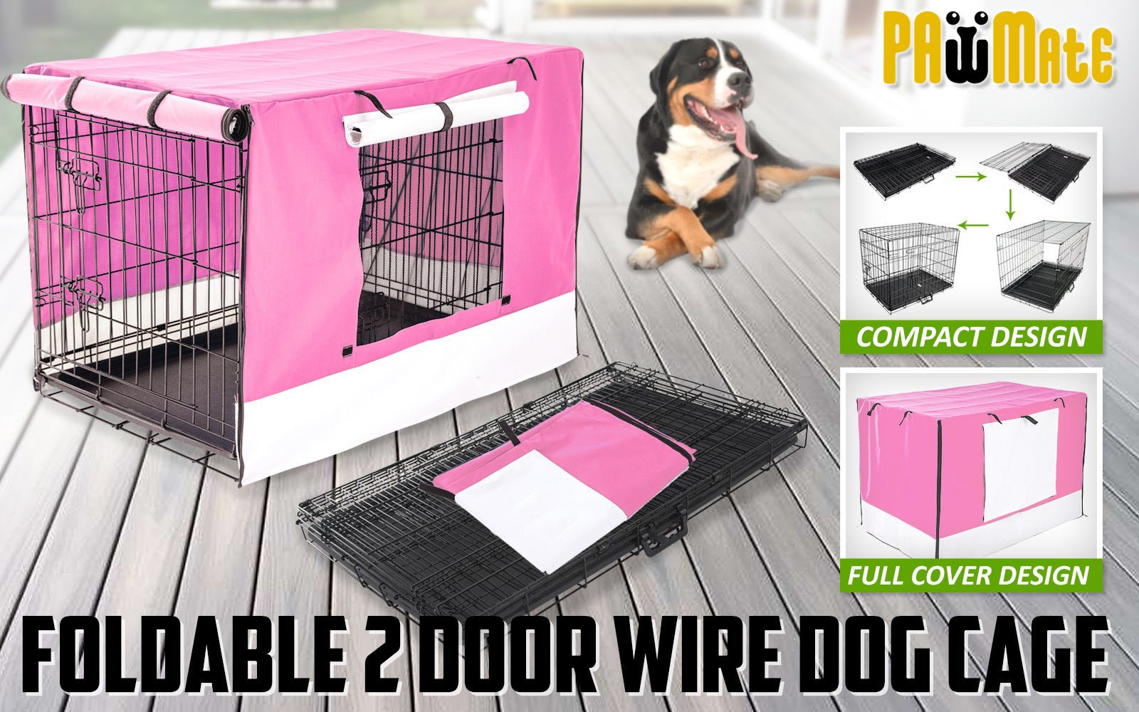 Paw Mate Wire Dog Cage Foldable Crate Kennel 24in with Tray + Pink Cover Combo - DogsDomain.com.au