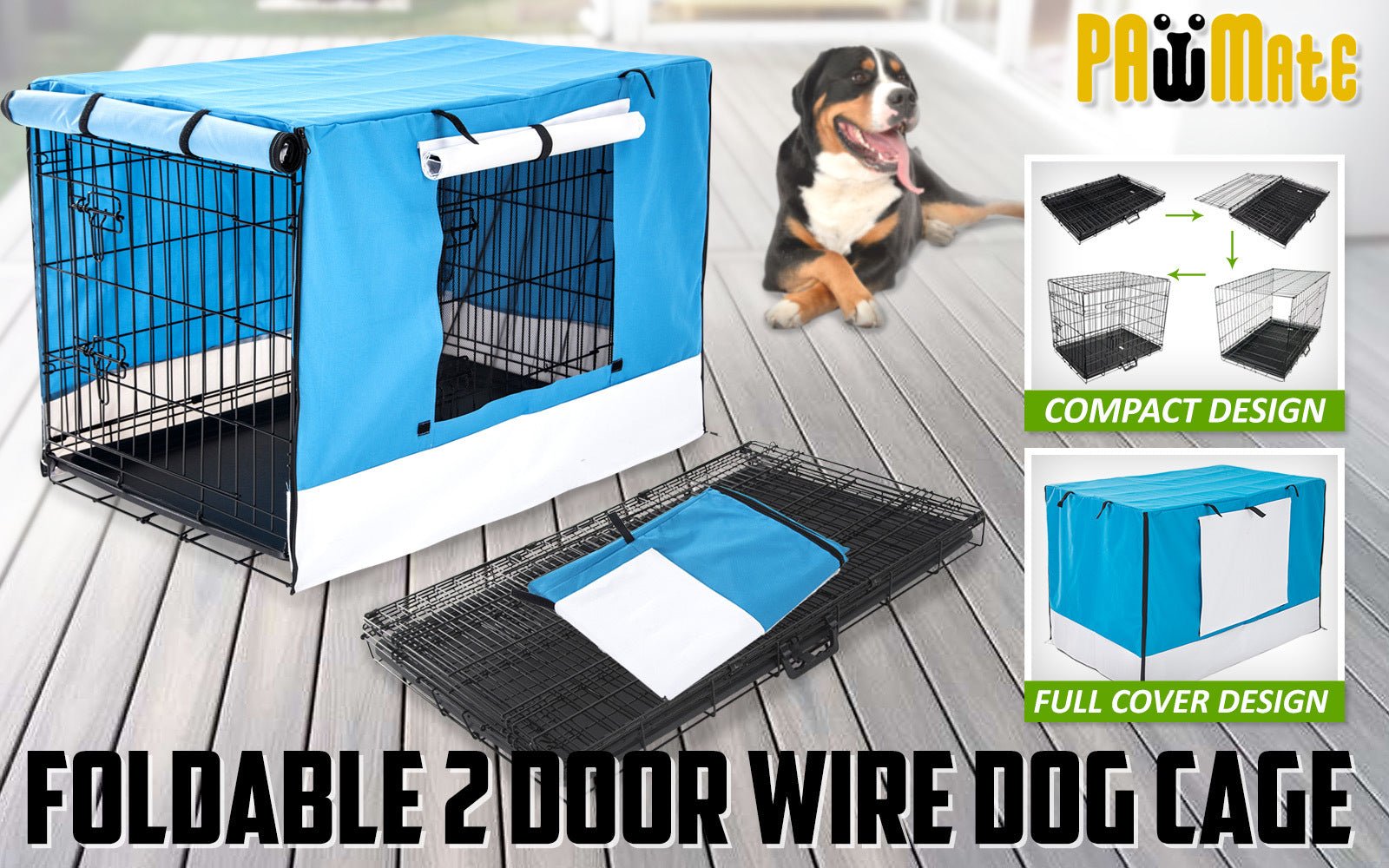 Paw Mate Wire Dog Cage Foldable Crate Kennel 48in with Tray + Blue Cover Combo - DogsDomain.com.au