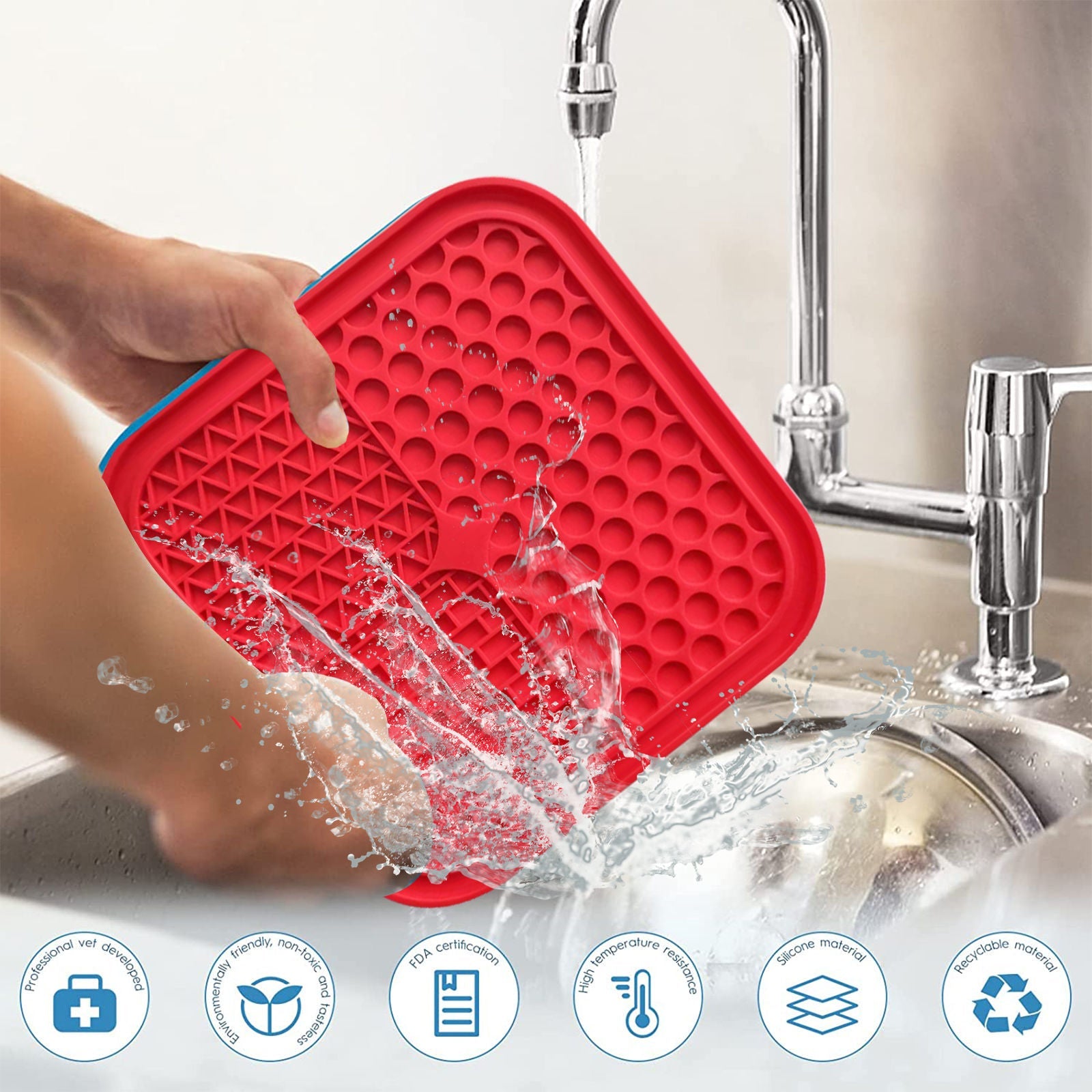 Pawfriends 3in1 Silicone Pet Lick Mat Cat Puppy Dog Slow Feeder Grooming Helper Mat Red - DogsDomain.com.au