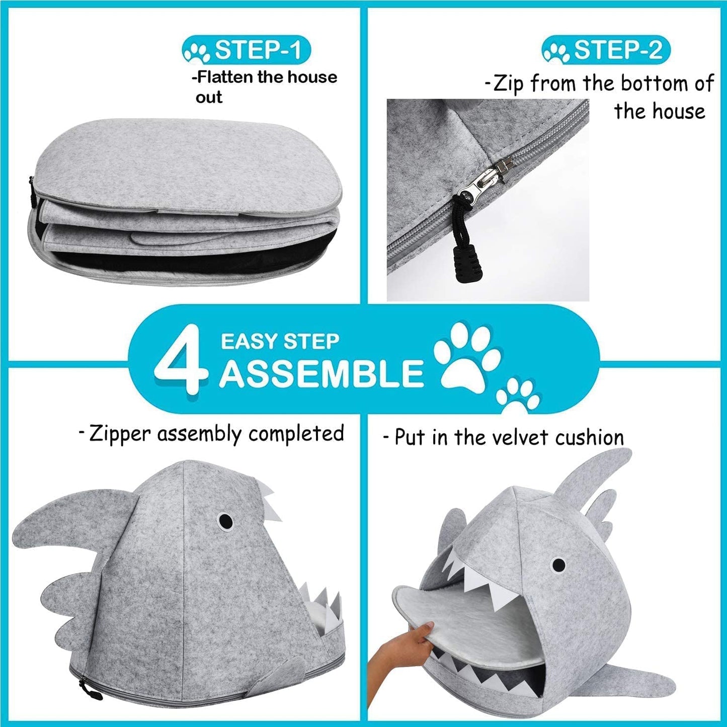 Shark Shape Pet Cave Bed for Cats andSmall Dogs 45 x 45 x 38 cm (Light Grey) - DogsDomain.com.au