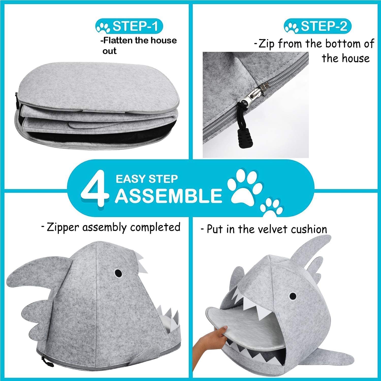Shark Shape Pet Cave Bed for Cats andSmall Dogs 45 x 45 x 38 cm (Light Grey) - DogsDomain.com.au