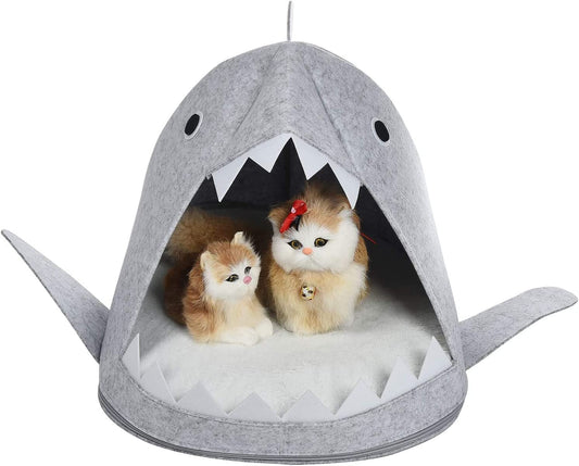 Shark Shape Pet Cave Bed for Cats andSmall Dogs 45 x 45 x 38 cm (Light Grey) - DogsDomain.com.au