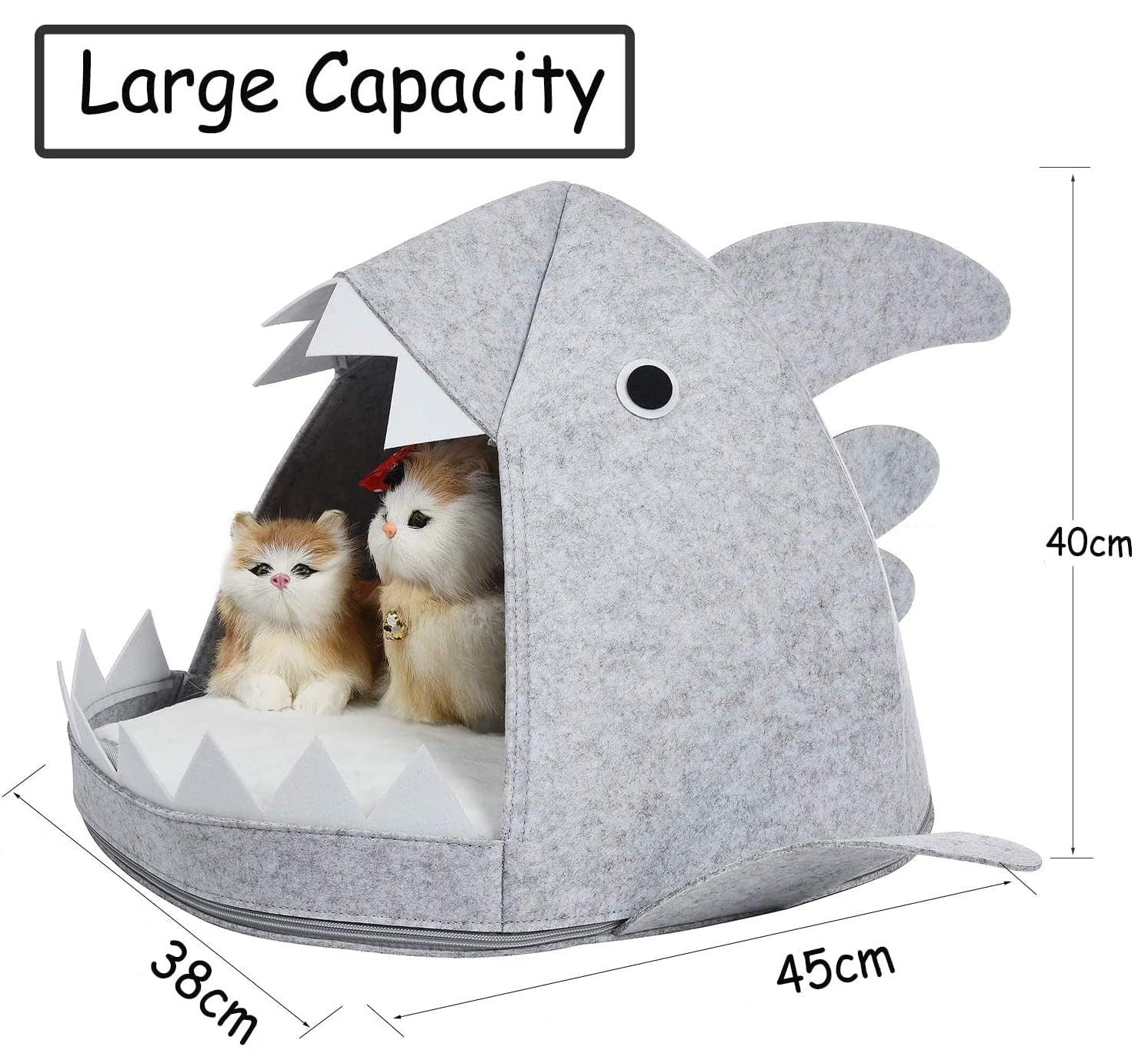Shark Shape Pet Cave Bed for Cats andSmall Dogs 45 x 45 x 38 cm (Light Grey) - DogsDomain.com.au