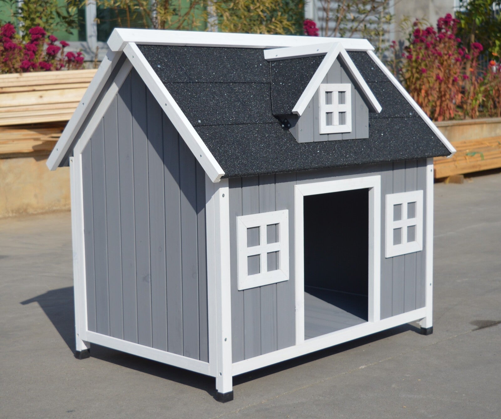 YES4PETS Grey Large Timber Pet Dog Puppy Wooden Cabin Kennel Timber House - DogsDomain.com.au