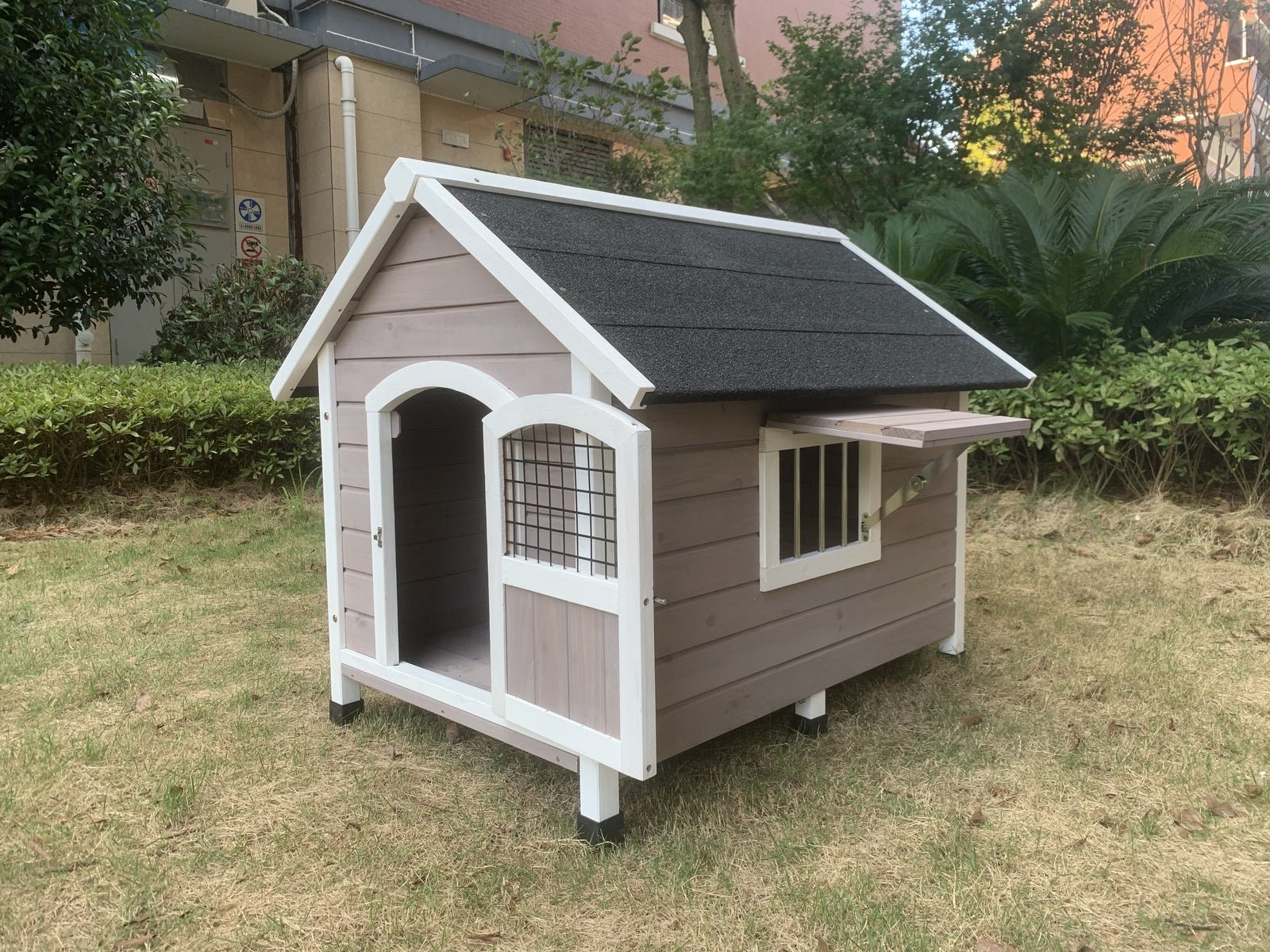 YES4PETS L Timber Pet Dog Kennel House Puppy Wooden Timber Cabin With Stripe Grey - DogsDomain.com.au